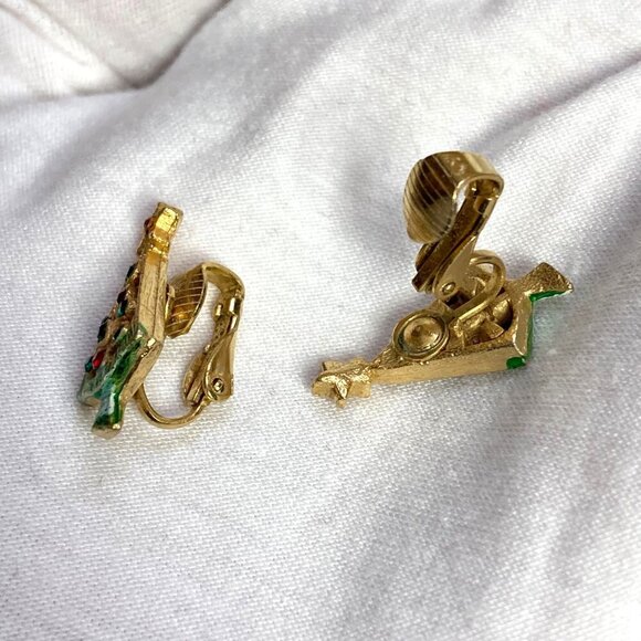 Vintage Christmas Clip On Earrings 2 Pr XMas Tree Candle Gold Tone Rhinestones - Picture 7 of 8
